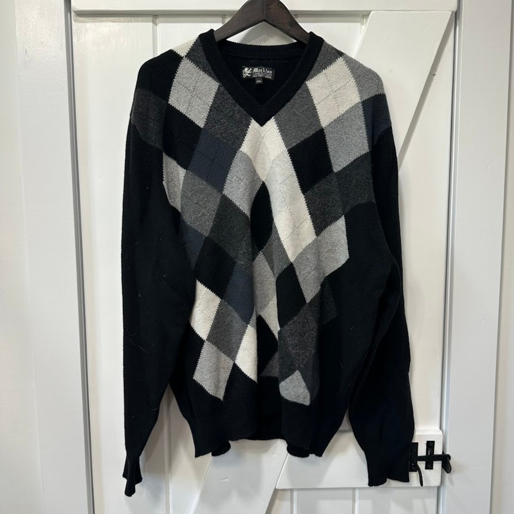 MacAlan Mens Sweater XXL V-Neck Argyle 100% Pure Cashmere Made in Scotland Black